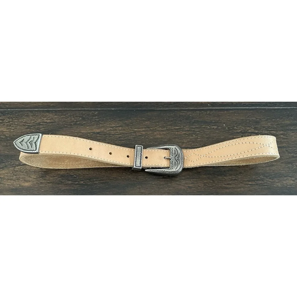 Vintage Western Genuine Leather Belt Tan Engraved Buckle Tip‎ Keeper 34 36 USA